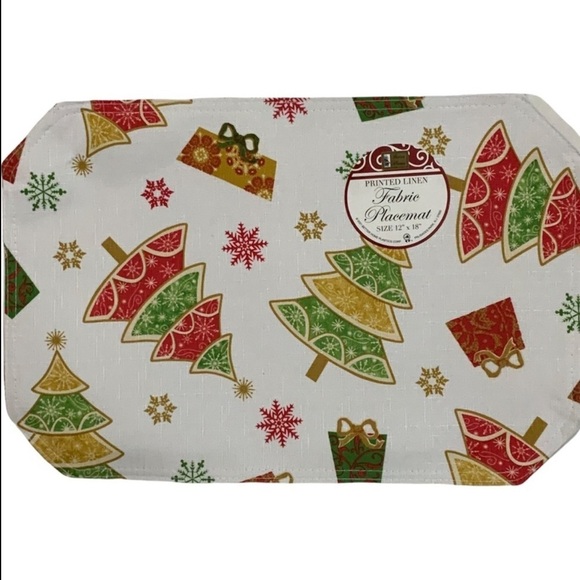 Christmas Printed Linen Fabric Placemats Reversible Holiday 12X18 in White Multi - Picture 11 of 11